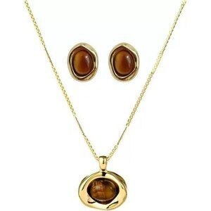 Gold tigers eye stone necklace earrings set chunky gemstone pendant fashion jewe